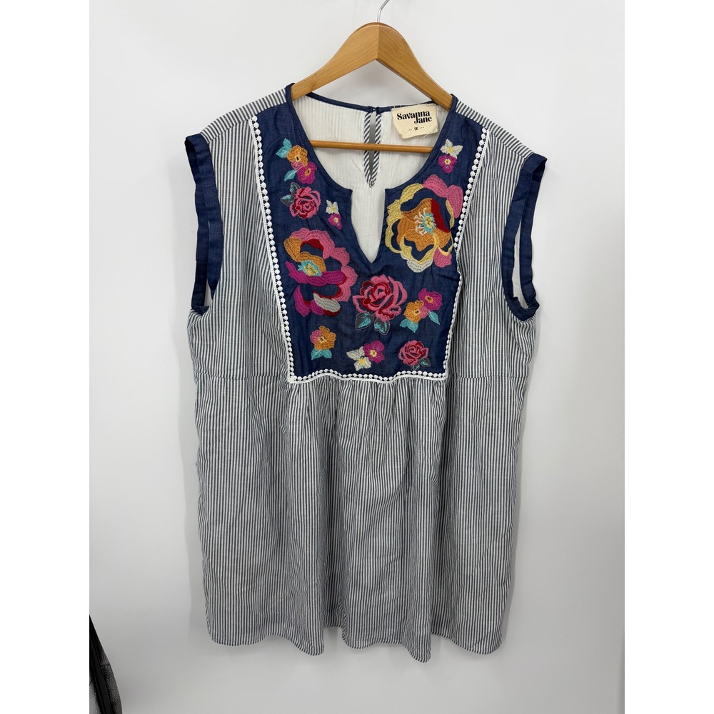 Savanna Jane Floral Embroidered Tunic Top Womens 1X Blue White Striped Boho